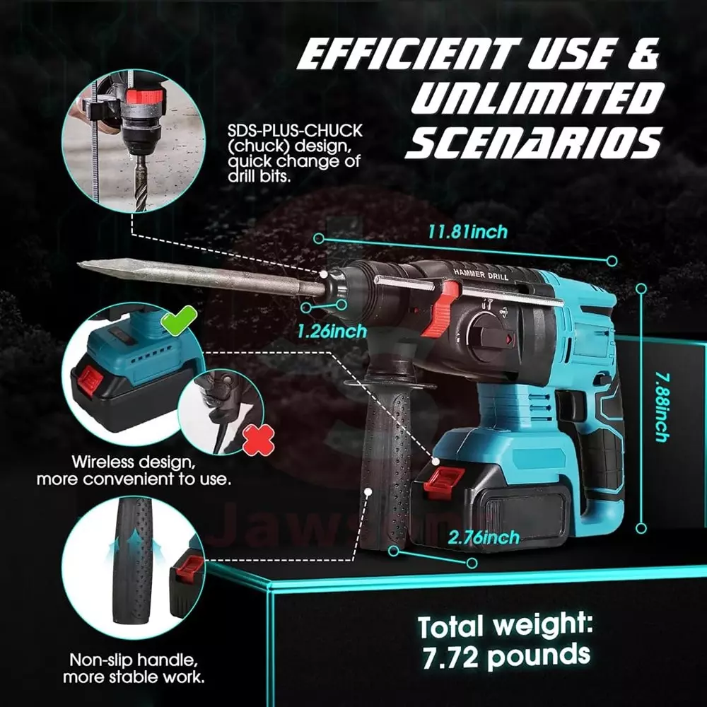Jawsons Cordless Rotary Hammer Drill Brushless Motor 3 Modes 4000 BPM with 2x21 V Batteries