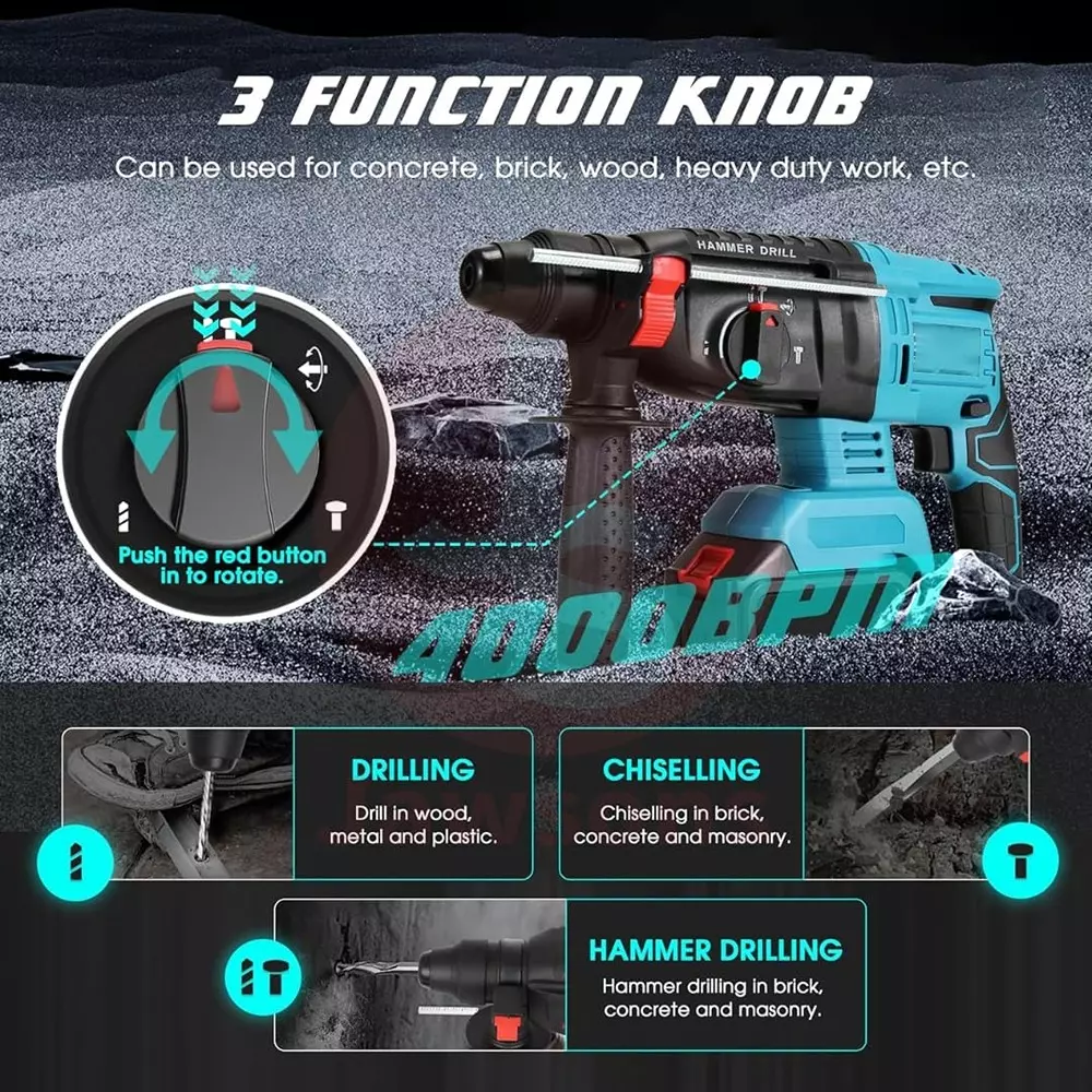 Jawsons Cordless Rotary Hammer Drill Brushless Motor 3 Modes 4000 BPM with 2x21 V Batteries