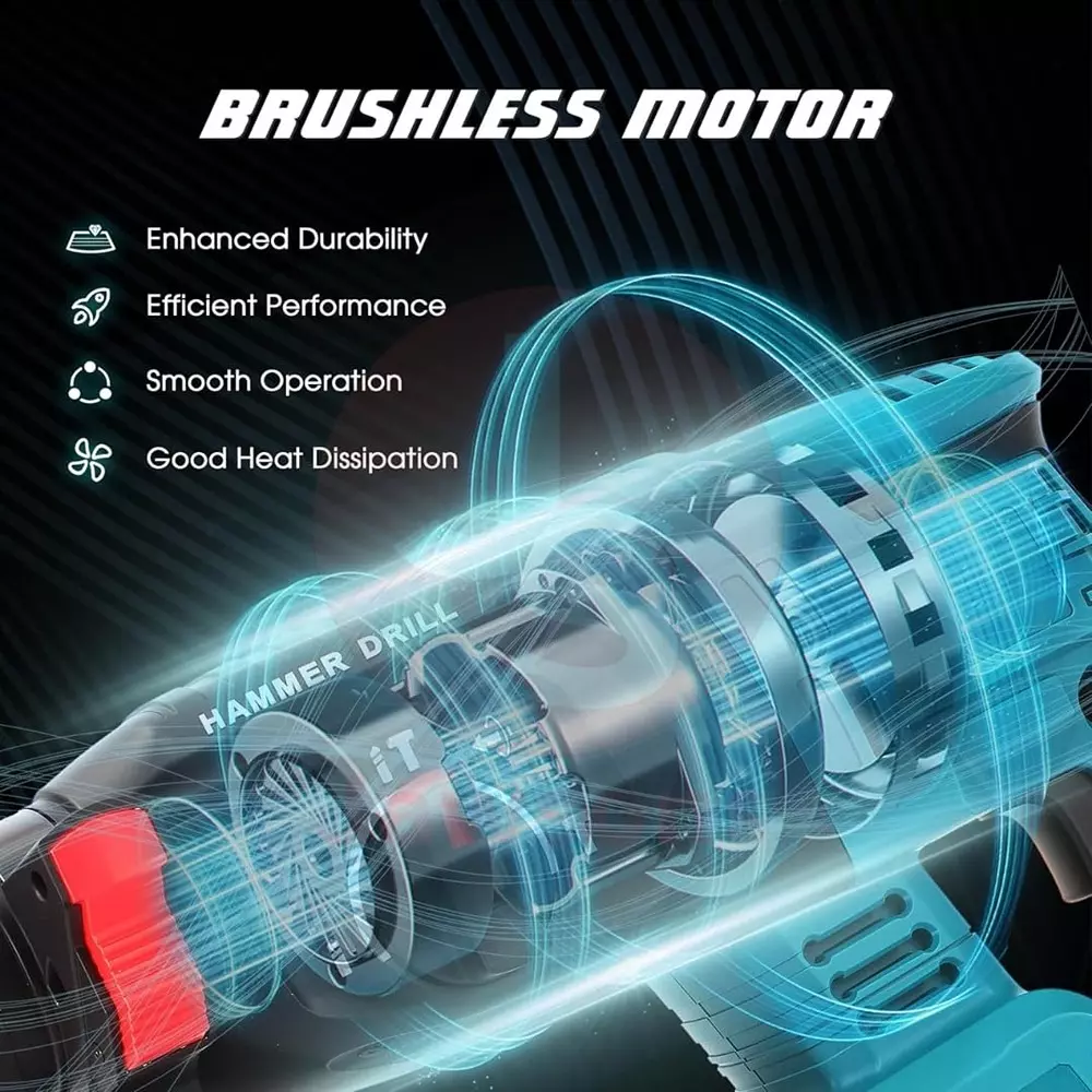 Jawsons Cordless Rotary Hammer Drill Brushless Motor 3 Modes 4000 BPM with 2x21 V Batteries