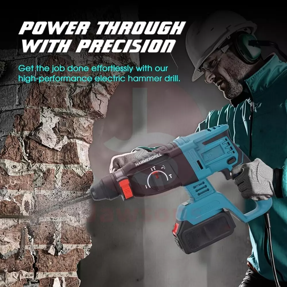 Jawsons Cordless Rotary Hammer Drill Brushless Motor 3 Modes 4000 BPM with 2x21 V Batteries