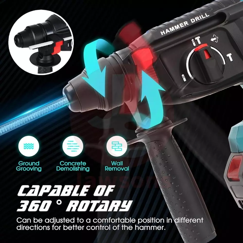 Jawsons Cordless Rotary Hammer Drill Brushless Motor 3 Modes 4000 BPM with 2x21 V Batteries
