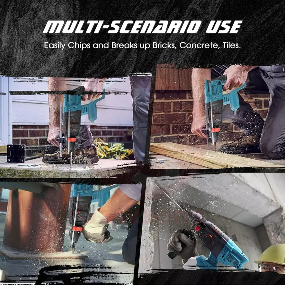 Jawsons Cordless Rotary Hammer Drill Brushless Motor 3 Modes 4000 BPM with 2x21 V Batteries