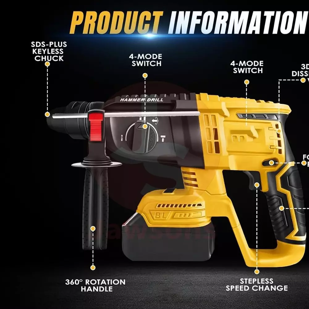 Jawsons Cordless Rotary Hammer Drill 20 V ‎1700 RPM Max. Rotational Speed with 4 Modes & Safety Clutch