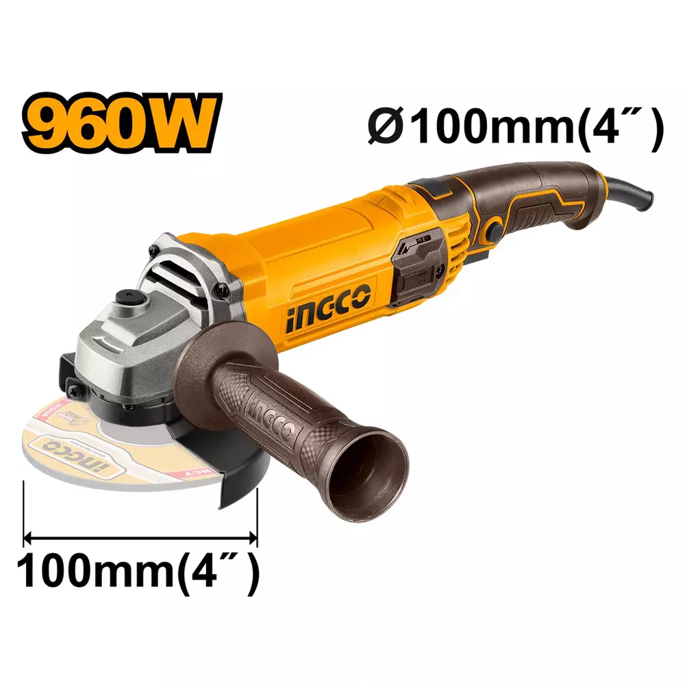 Ingco Angle Grinder 100 mm Disc Diameter 960 W 12000 RPM with Auxiliary Handle, AG96082
