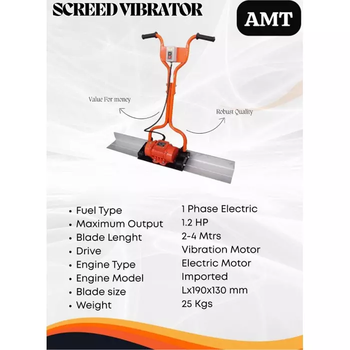 AMT Screed Vibrator 1.2 HP Single Phase with 2 m Blade, AMT02