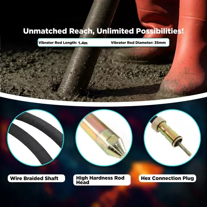 Elephant Concrete Vibrator with Needle 950 W Power 4000 r/min Speed 35 mm (1.37 inch) Hose Diameter