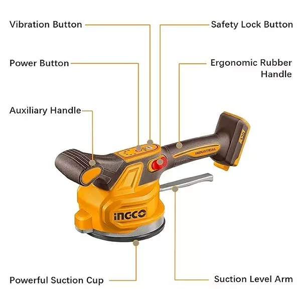 Ingco Cordless Tile Vibration Machine 130 mm Suction Cup Diameter and 0-10000 RPM Vibrational Frequency, CTVLI2001 (Without Battery and Charger)
