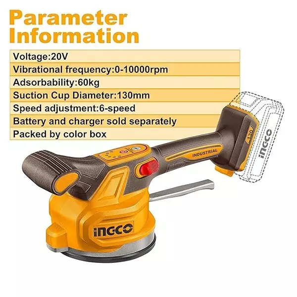 Ingco Cordless Tile Vibration Machine 130 mm Suction Cup Diameter and 0-10000 RPM Vibrational Frequency, CTVLI2001 (Without Battery and Charger)