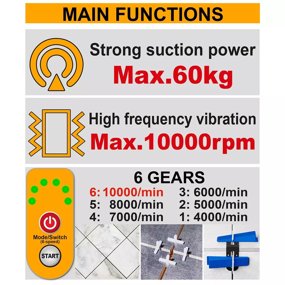 Ingco Cordless Tile Vibration Machine 130 mm Suction Cup Diameter and 0-10000 RPM Vibrational Frequency, CTVLI20018 (With Battery and Charger)