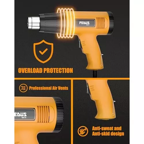 FEDUS Gun Hot Air Gun 1600 W 2 Temperature Settings 1.5 Sec Heating Speed Orange, Black
