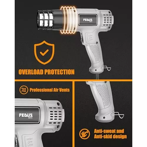 FEDUS Gun Hot Air Gun 1800 W 2 Temperature Settings 1.5 Sec Heating Speed Grey