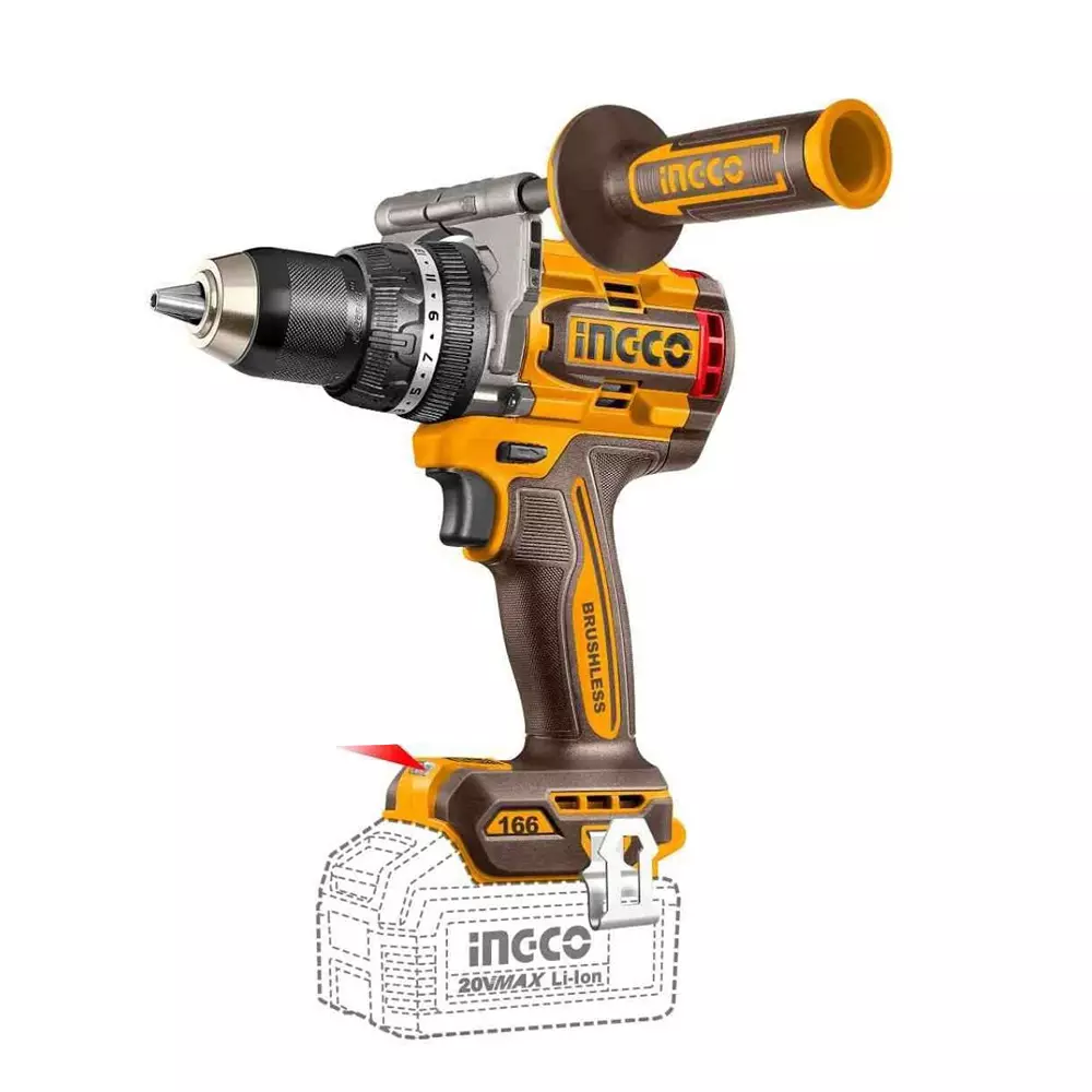 Ingco Brushless Cordless Impact Drill 13 mm Chuck Size 166 Nm Maximum Torque Brushless Motor, CIDLI201668 (with Battery)