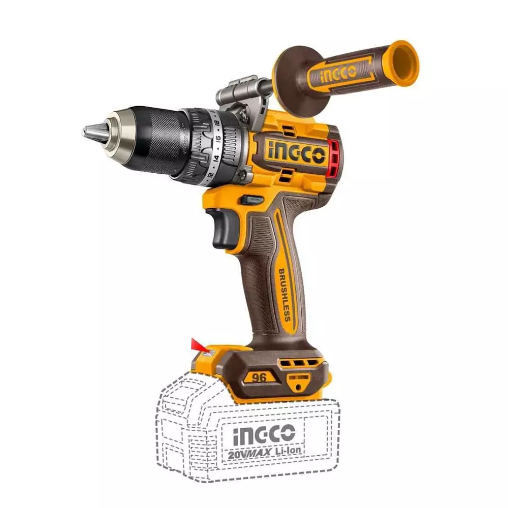 Ingco Brushless Cordless Impact Drill 13 mm Chuck Size 96 Nm Maximum Torque Brushless Motor, CIDLI209686 (with Battery)