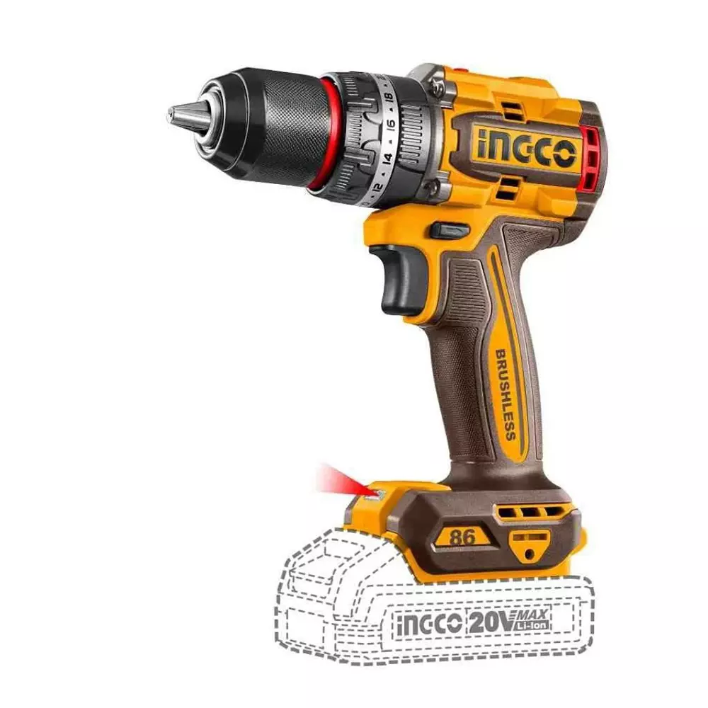 Ingco Brushless Cordless Impact Drill 13 mm Chuck Size 86 Nm Maximum Torque Brushless Motor, CIDLI208687 (with Battery)