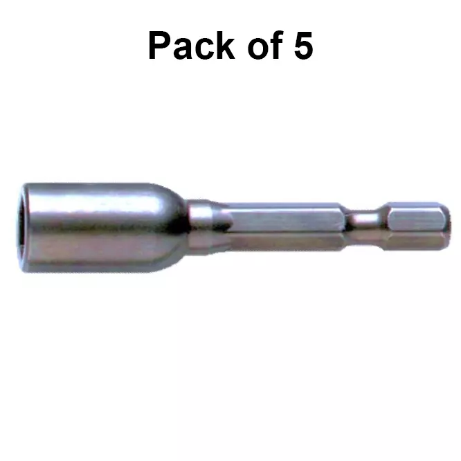 H9 Magnetic Nut Setter Bit 45 mm (1.77 inch) Size Hex Shank M8 Thread Size Chrome (Pack of 5)