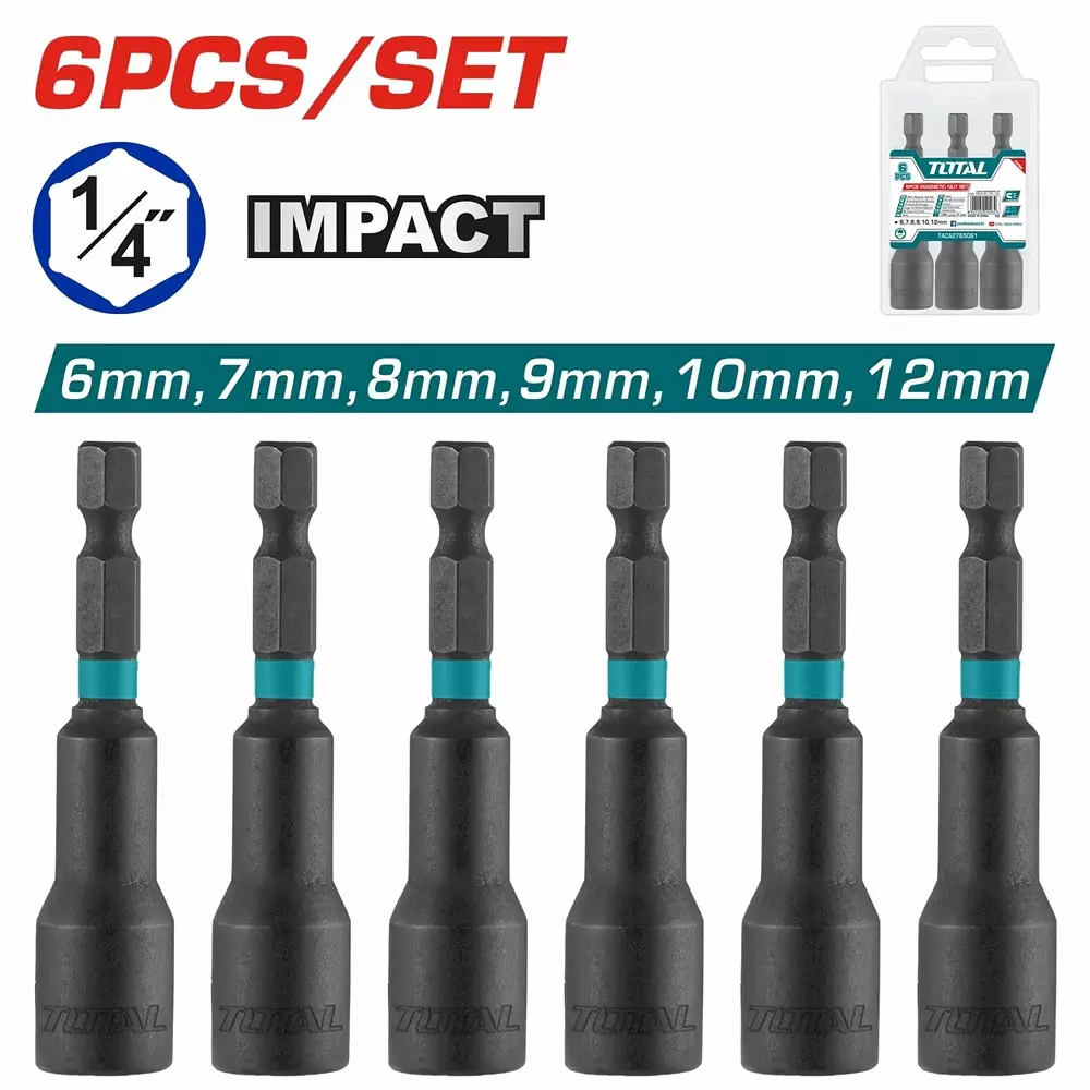 Total Impact Magnetic Nut Set 6, 7, 8, 9, 10, 12 mm Size 6.35 mm (1/4 inch) Shank 50BV30 Material, TAC2765061 (Set of 6 Pcs)