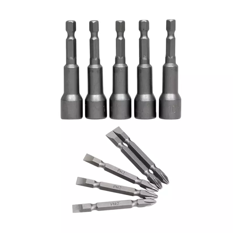 GENERIC Heavy Duty Hexagon Magnetic Wrench Nut Setter Hardened Steel 8x65 mm with (+)(-) Screwdriver Bits, Grey