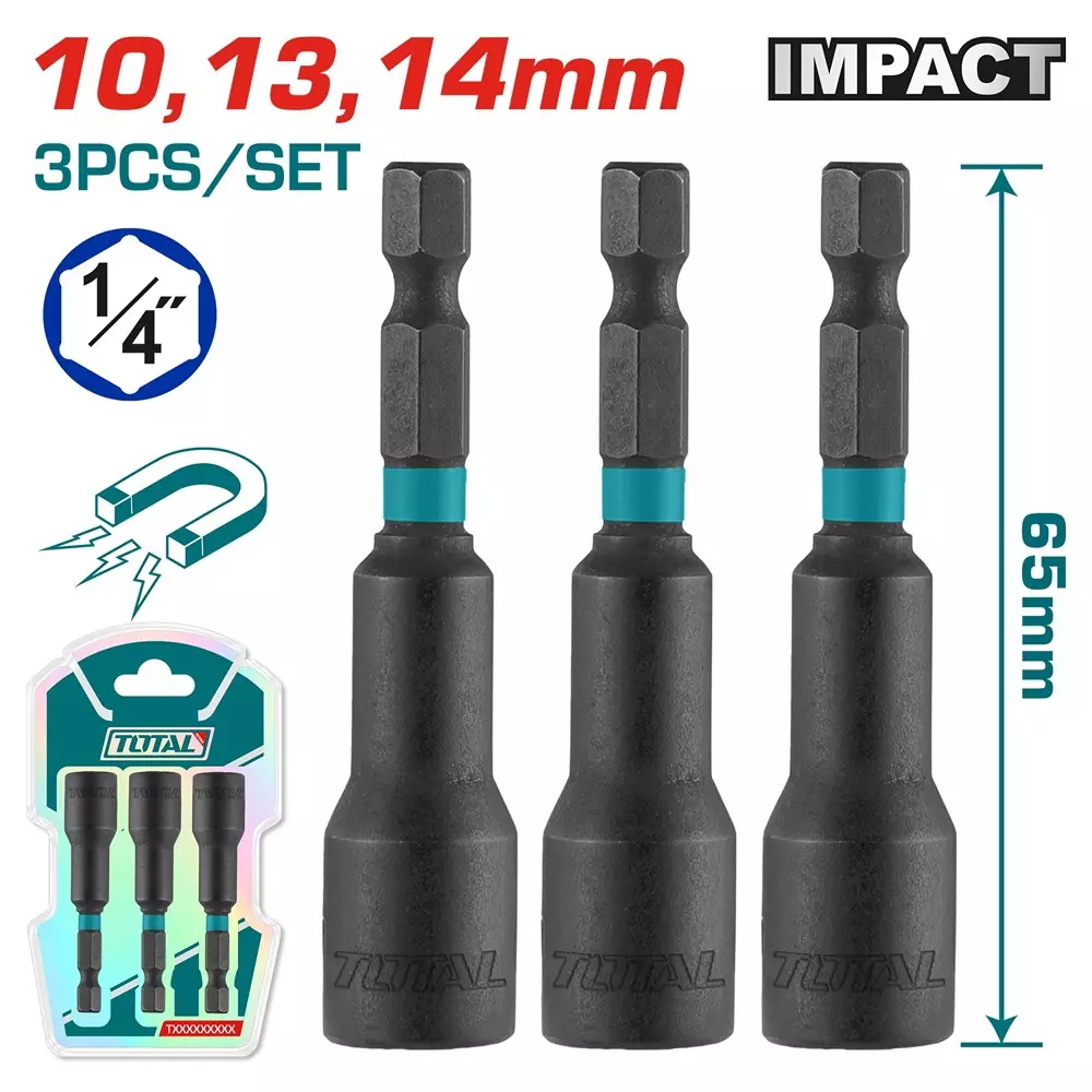 Total Impact Magnetic Nut Set 10, 13, 14 mm Dia. 50BV30 65 mm Length, TAC2703431 (Set of 3 Pcs)