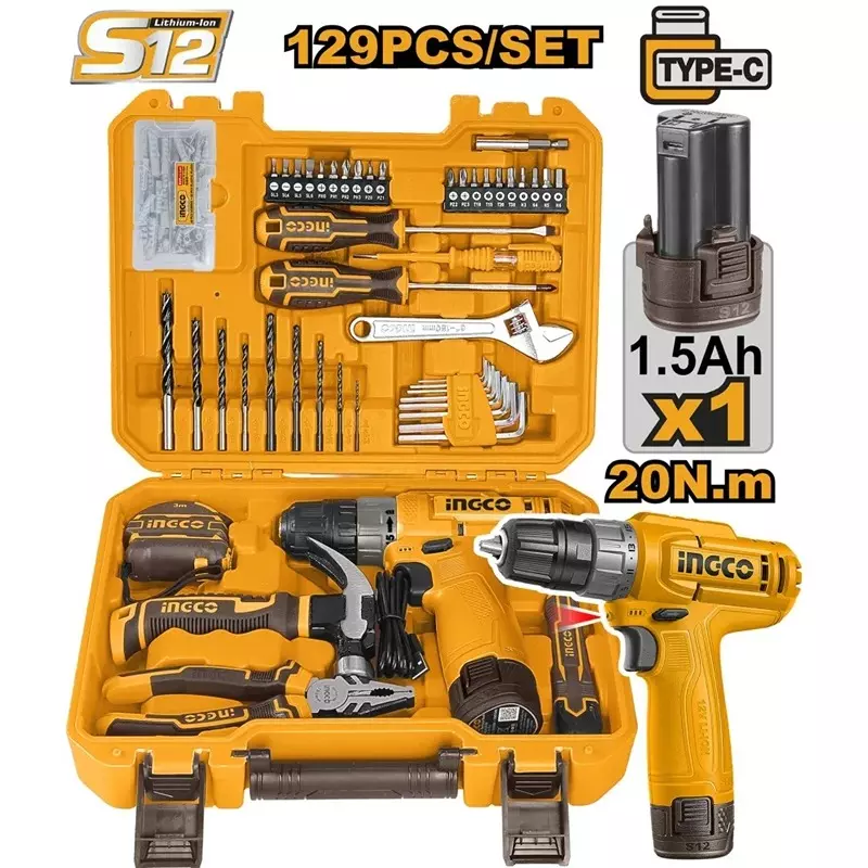 Ingco 129 Pcs Tool Kit with Cordless Drill 0-750 RPM No Load Speed and 0.8-10 mm Plastic Chuck, HKTHP11291 (With Battery, Without Charger)