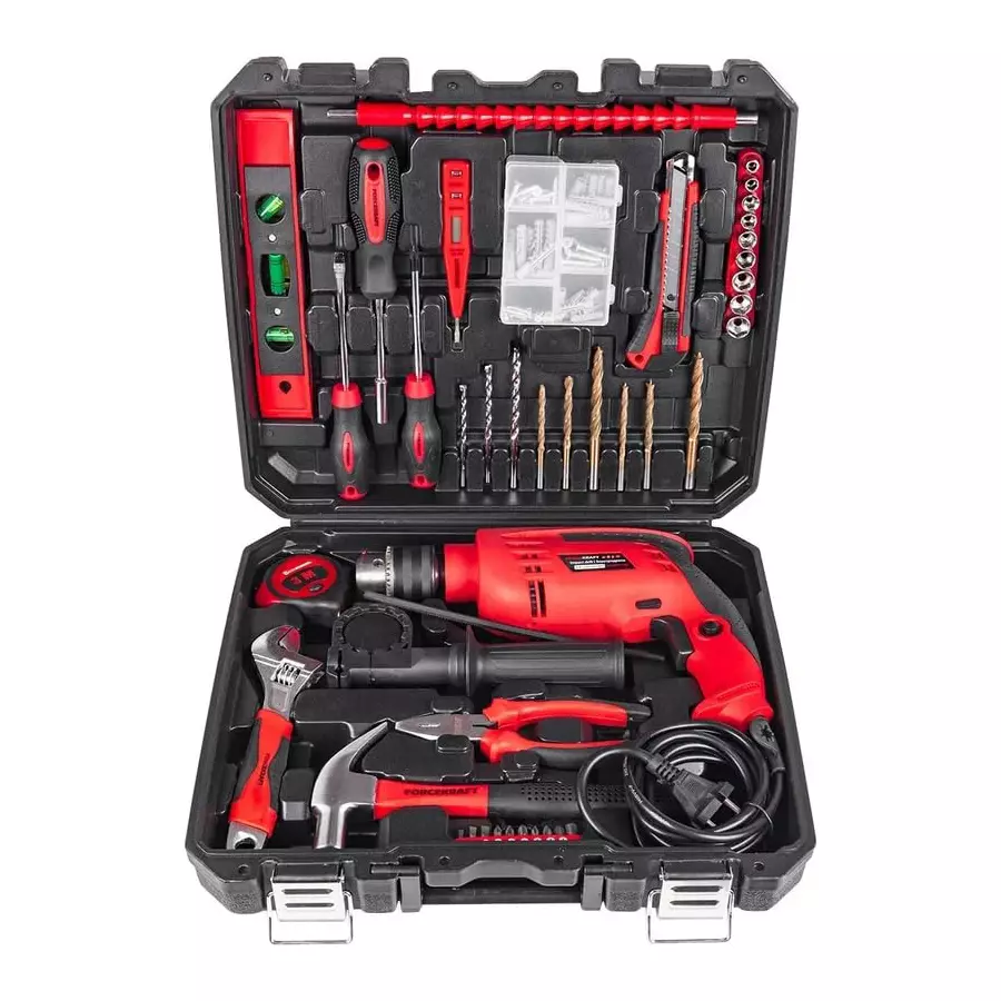 FORCEKRAFT 103 Pcs Tool Kit with Electric Drill Black & Red Chrome Molybdenum Steel Chrome Finish 35 nm 220 V for Industrial Use