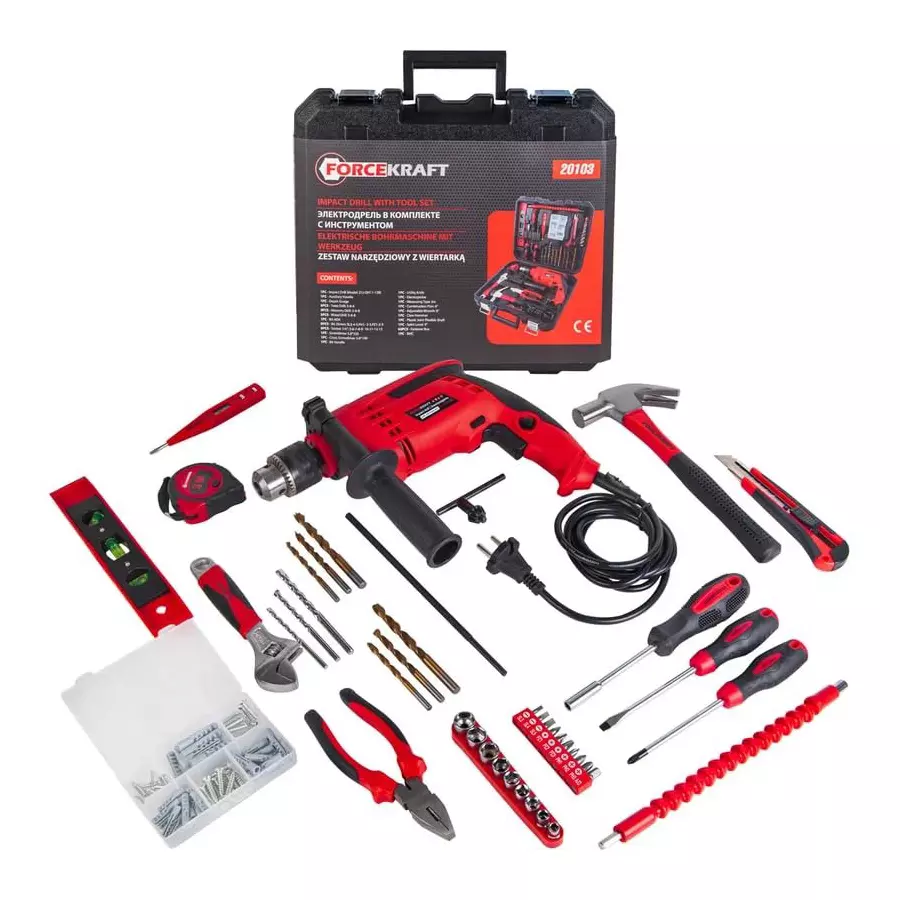 FORCEKRAFT 103 Pcs Tool Kit with Electric Drill Black & Red Chrome Molybdenum Steel Chrome Finish 35 nm 220 V for Industrial Use