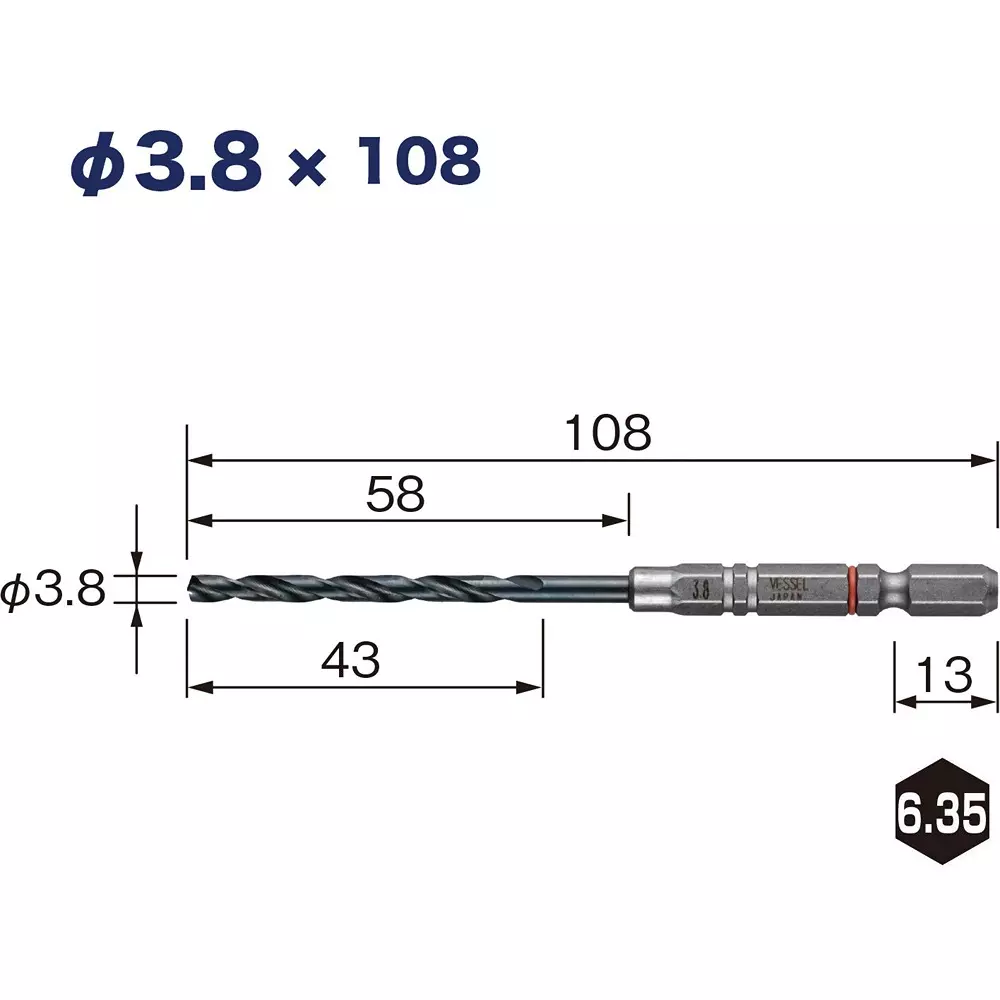 Vessel Cushion Drill Bit 108 mm Overall Length for Iron Work, AMD3S-3.8 (Set of 3 Pcs)