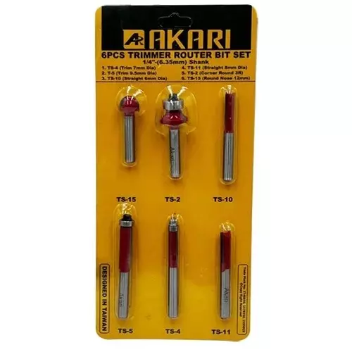 AKARI Router TRIMMER Bit Set 6.35 mm Shank Size Red & Chrome for Routing in Wood, TB-1 (Set of 6)