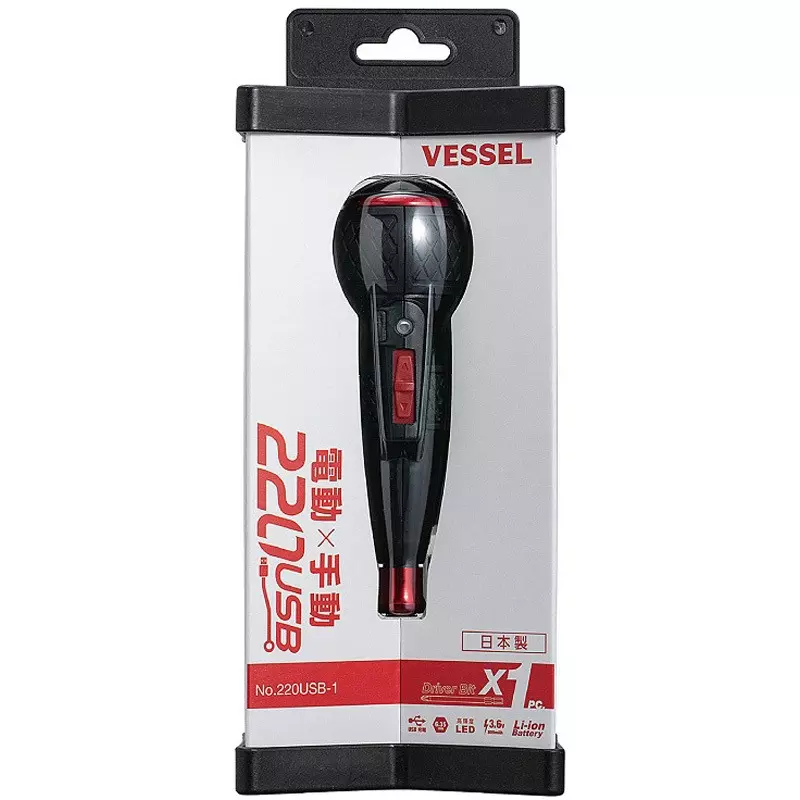 Vessel Electric Screwdriver Li-ion 3.6 V 800 mAh with 10 Pcs Double-Ended Sakispo Bit, 220USB-1-Y
