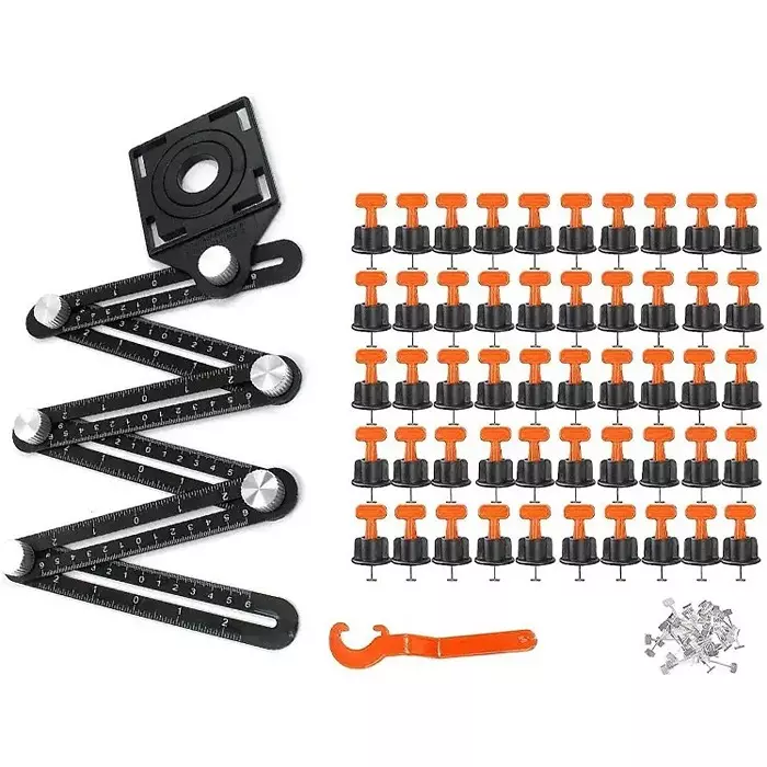 NIKTION 50 Pcs Tile Leveling System Kit and Measuring Ruler 22 cm Aluminium, Stainless Steel, Plastic For Home & Professional Use Orange, Black