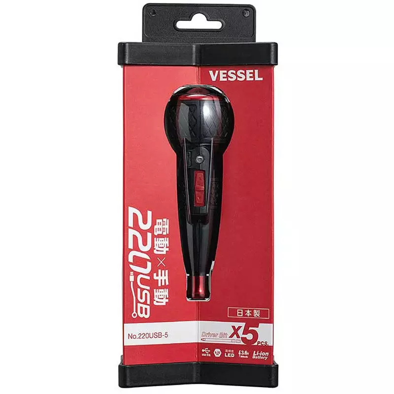Vessel Electric Screwdriver Li-ion 3.6 V 800 mAh with 10 Pcs Double-Ended Sakispo Bit, 220USB-5-Y