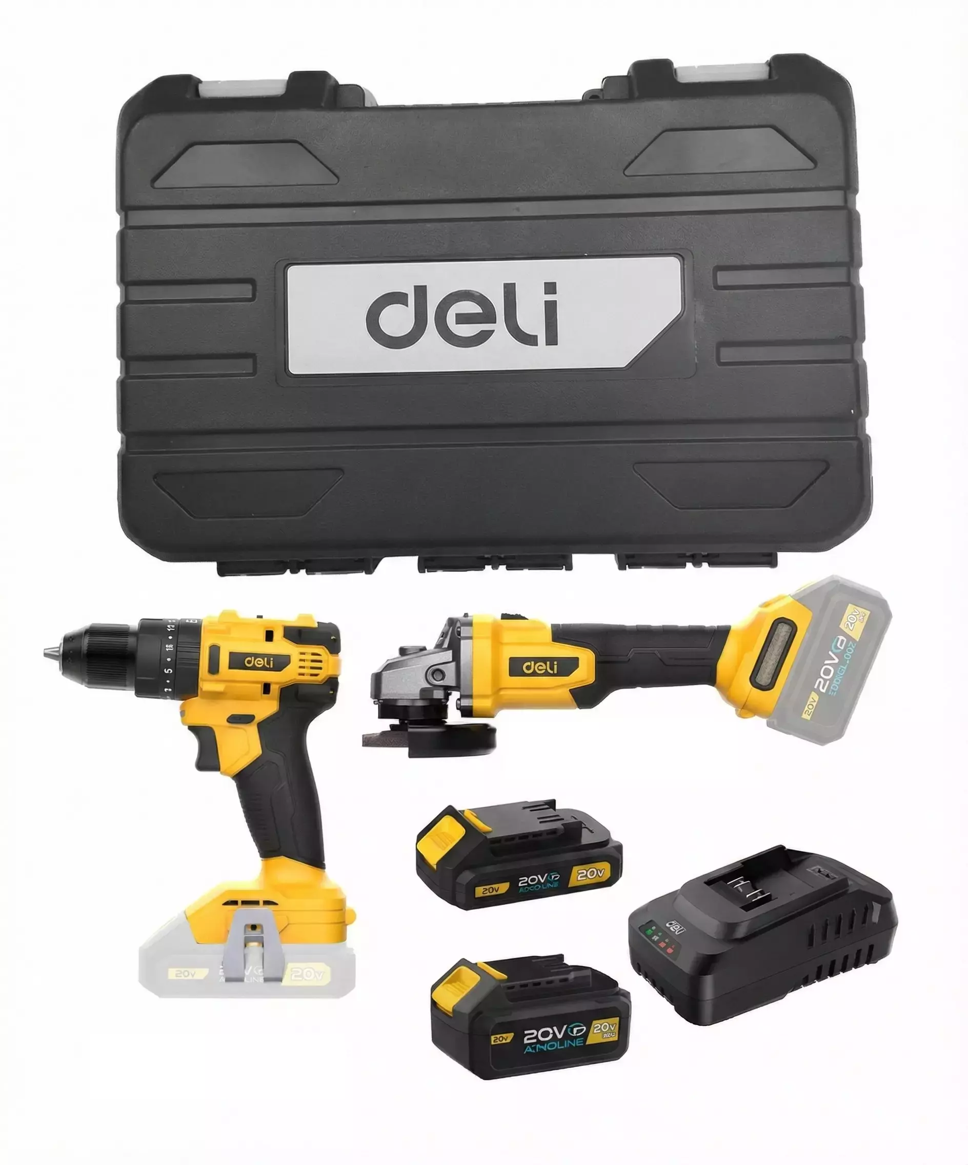 DELI Angle Grinder (EDC600Z) & Brushless Cordless Drill (EDC150Z) Combo Set, 20 V Rated Voltage, EDC902