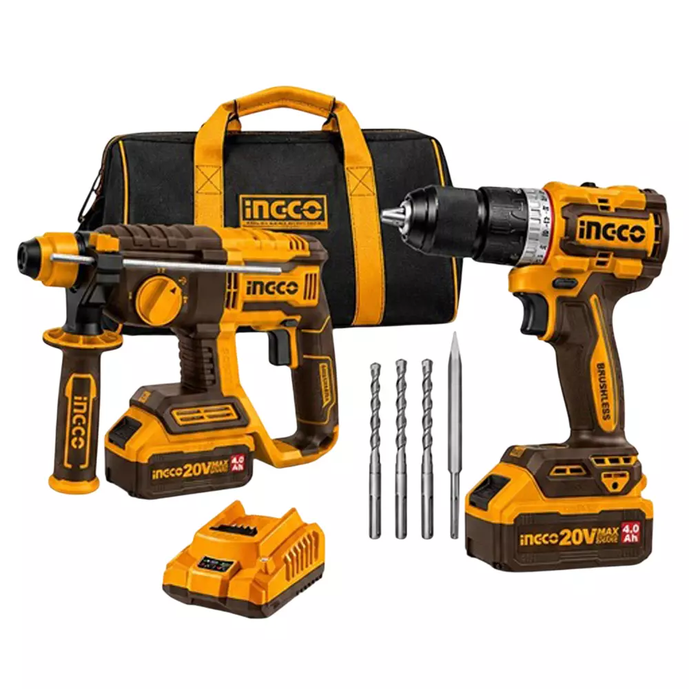 INGCO 2 Pcs Cordless Combo Tool Kit Includes 22 mm Capacity Rotary Hammer and 55 NM Drill Driver (With Battery & Charger)
