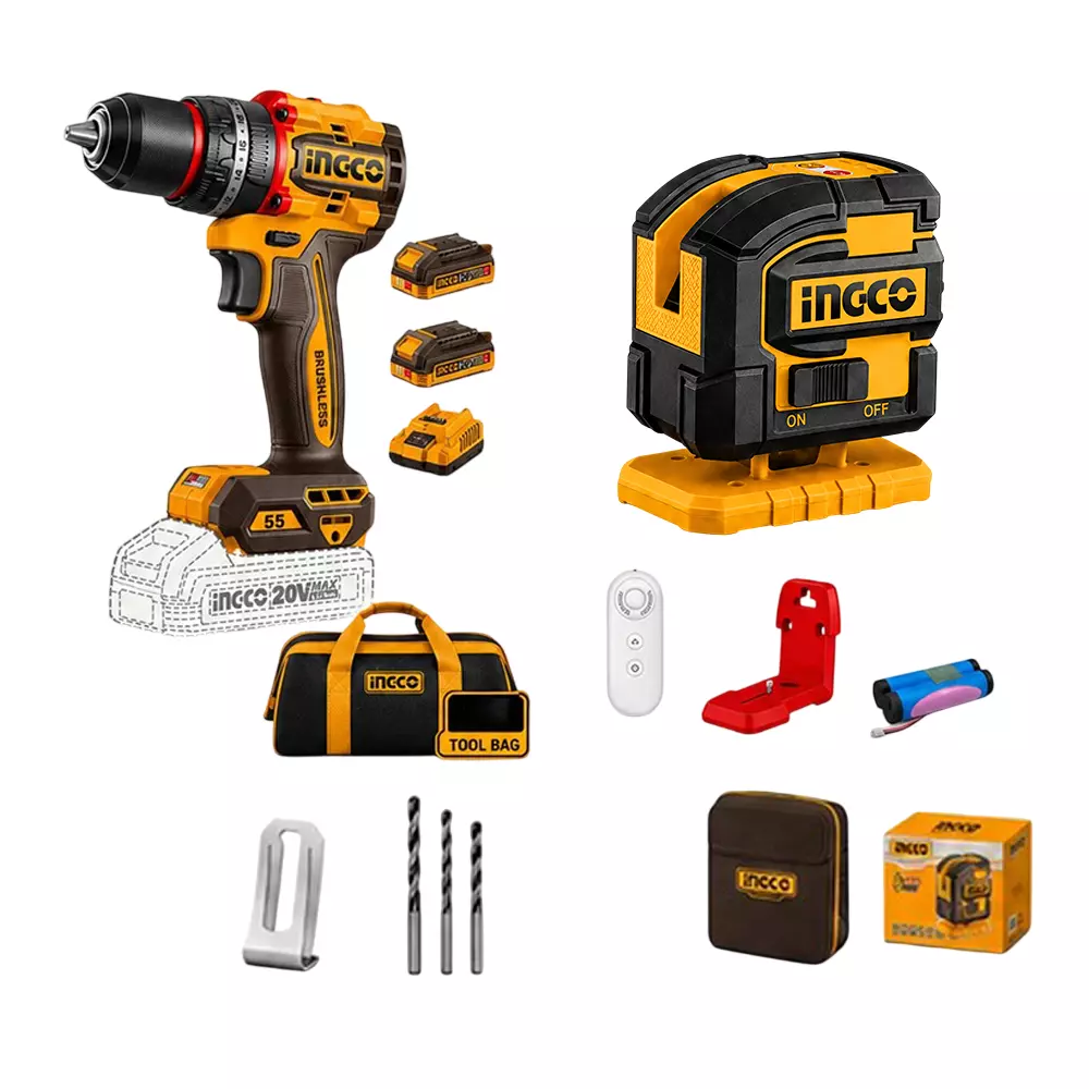 INGCO 2 Pcs Combo Tool Kit Includes 55 NM Cordless Impact Drill, 5 Line Green Laser Level (With Battery & Charger)