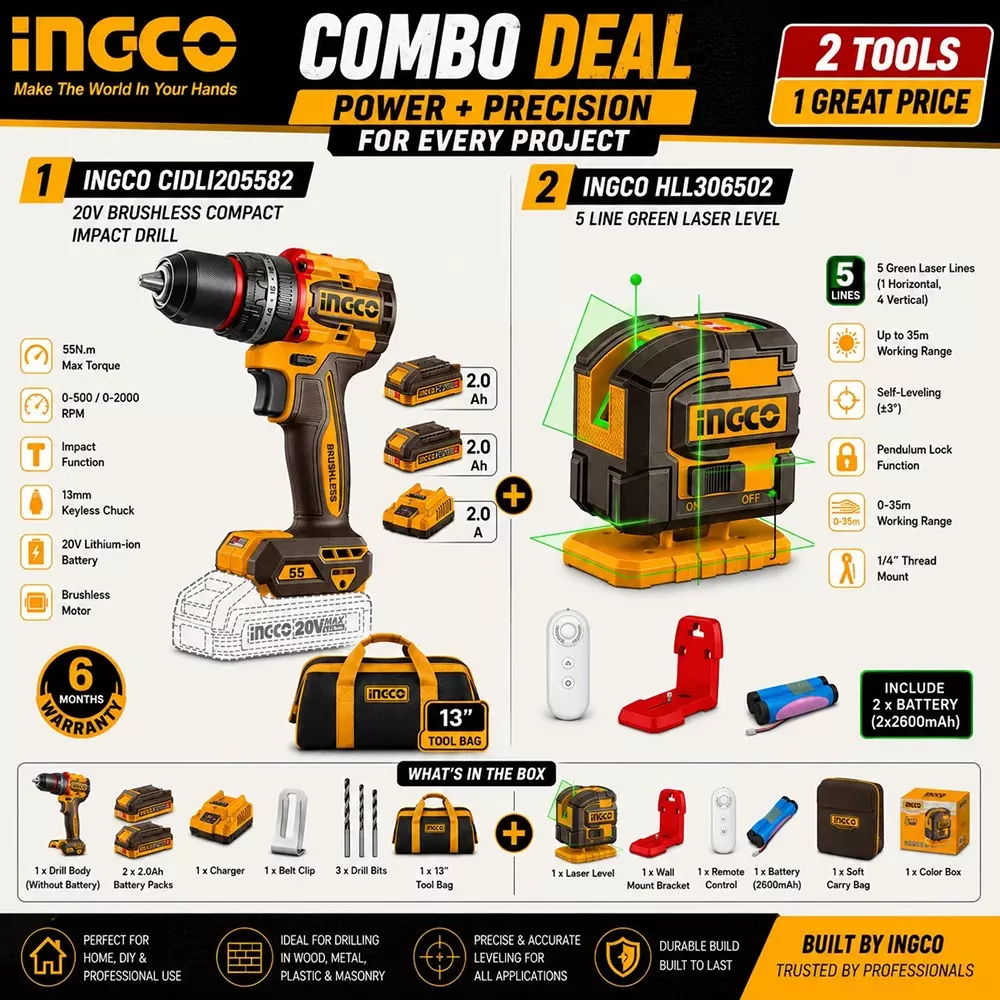 ingco-2-pcs-combo-tool-kit-includes-55-nm-cordless-impact-drill-5-line-green-laser-level-with-battery-charger