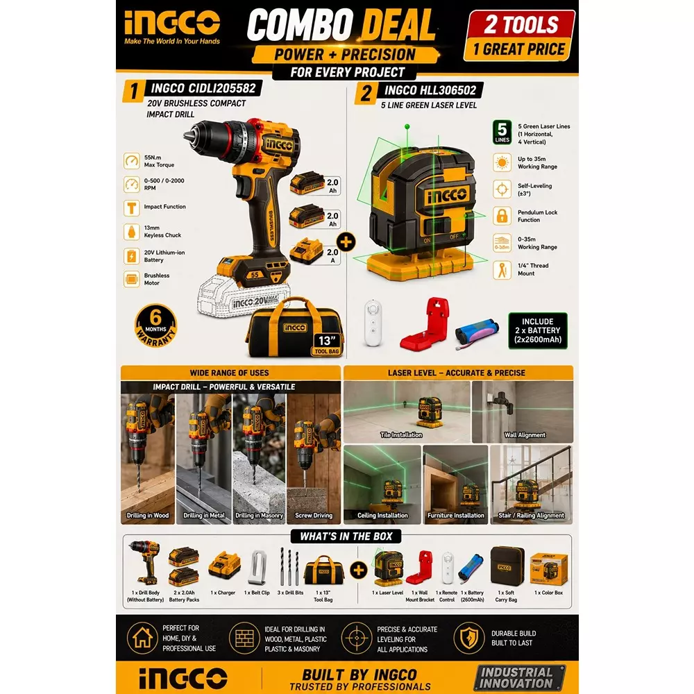 ingco-2-pcs-combo-tool-kit-includes-55-nm-cordless-impact-drill-5-line-green-laser-level-with-battery-charger