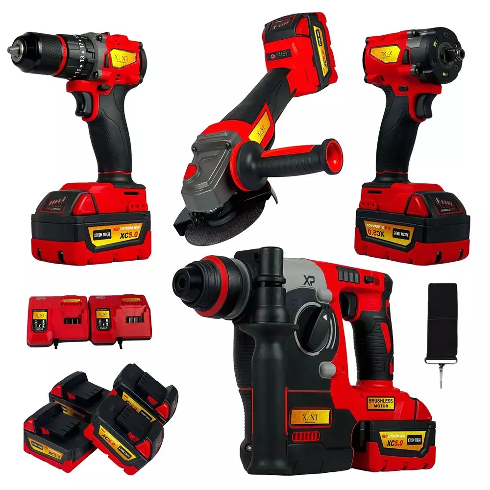 XLNT 5 Ah Cordless Impact Wrench, Drill, Angle Grinder, Rotary Hammer Combo Kit for DIY, Home & Professional Use, XTCOM 1384 (With Battery & Charger)