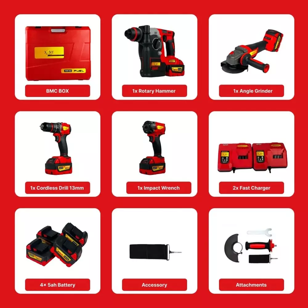 xlnt-5-ah-cordless-impact-wrench-drill-angle-grinder-rotary-hammer-combo-kit-for-diy-home-professional-use-xtcom-1384-with-battery-charger