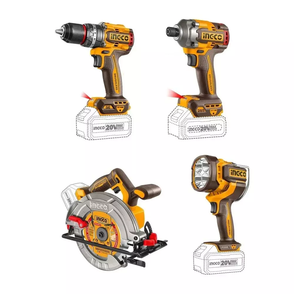 Ingco Cordless Power Tools Combo Kit Includes Compact Brushless Cordless Impact Drill, Cordless Impact Driver, Cordless Circular Saw, Cordless Work Lamp with Spindle Lock Function, COSLI241297