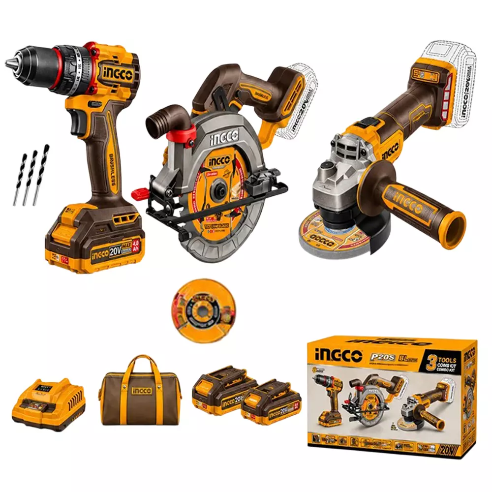 INGCO 3-in-1 Cordless Power Tool Combo Kit Includes 55 NM Impact Drill, 140 mm Circular Saw and 9000 W Angle Grinder (With Battery & Charger)