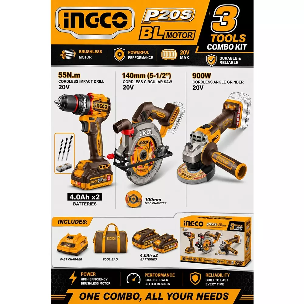 ingco-3-in-1-cordless-power-tool-combo-kit-includes-55-nm-impact-drill-140-mm-circular-saw-and-9000-w-angle-grinder-with-battery-charger