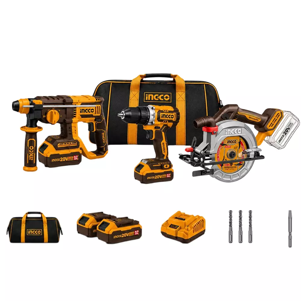 INGCO 3 Pcs Cordless Power Tools Combo Kit Includes 22 mm Rotary Hammer, 140 mm Circular Saw and 55 NM Drill (With Battery & Charger)