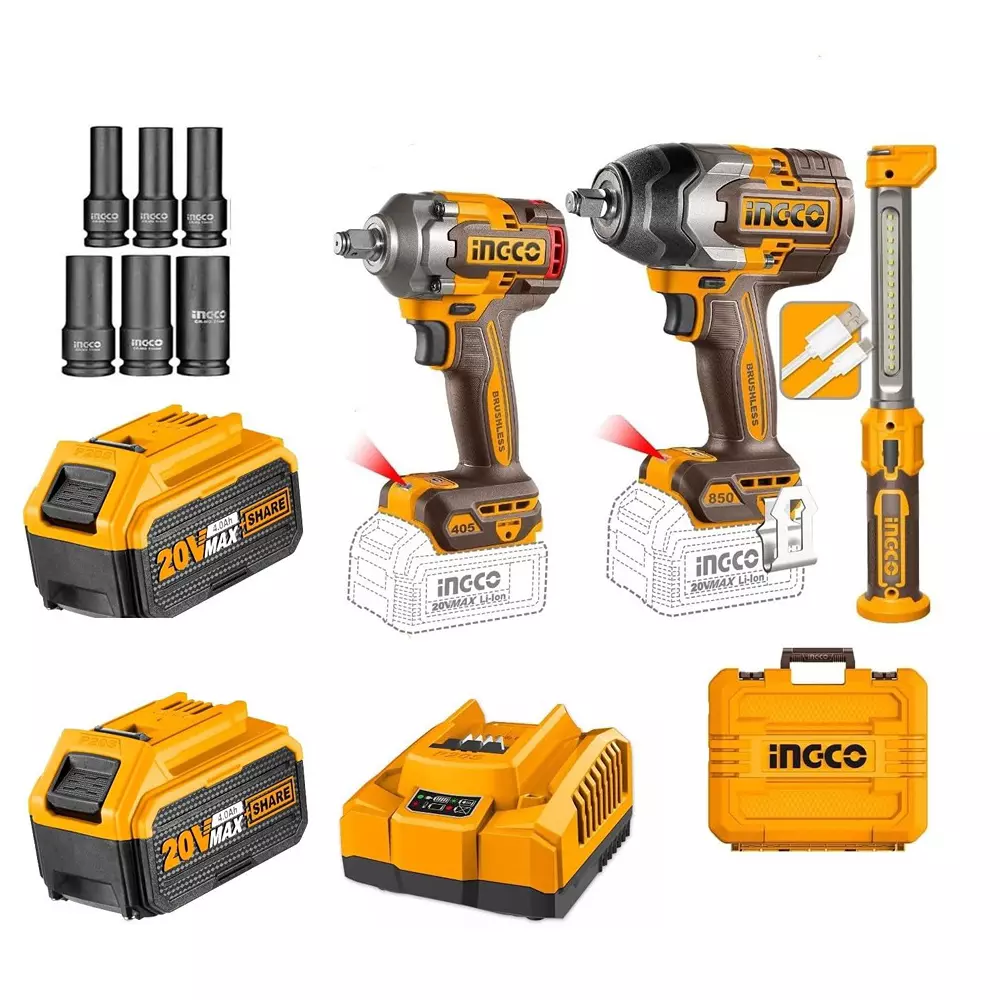 INGCO 20 V Cordless Impact Wrench & Work Lamp Combo Kit with 1/2 inch (12.7 mm) Square Drive, 850 Nm & 405 Nm Fastening Torque, COSLI251085 (With Battery & Charger)