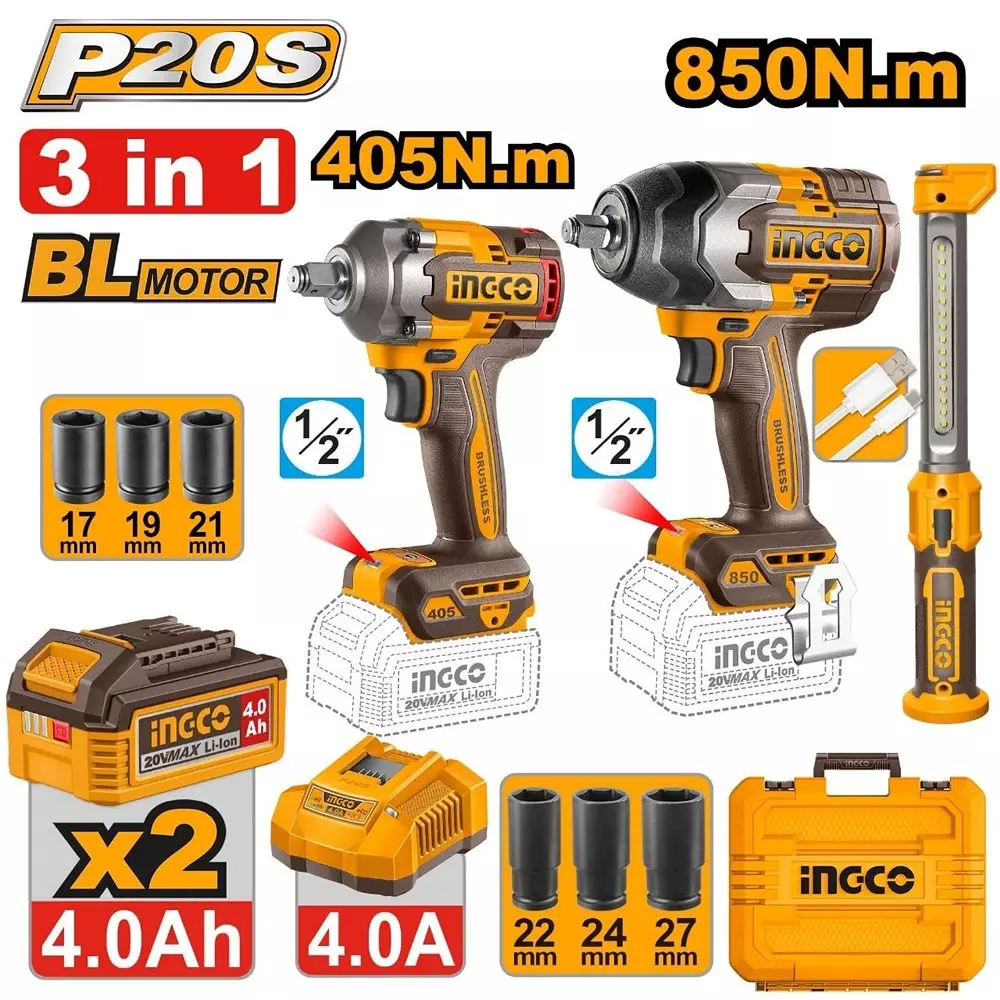 ingco-20-v-cordless-impact-wrench-work-lamp-combo-kit-with-12-inch-127-mm-square-drive-850-nm-405-nm-fastening-torque-cosli251085-with-battery-charger