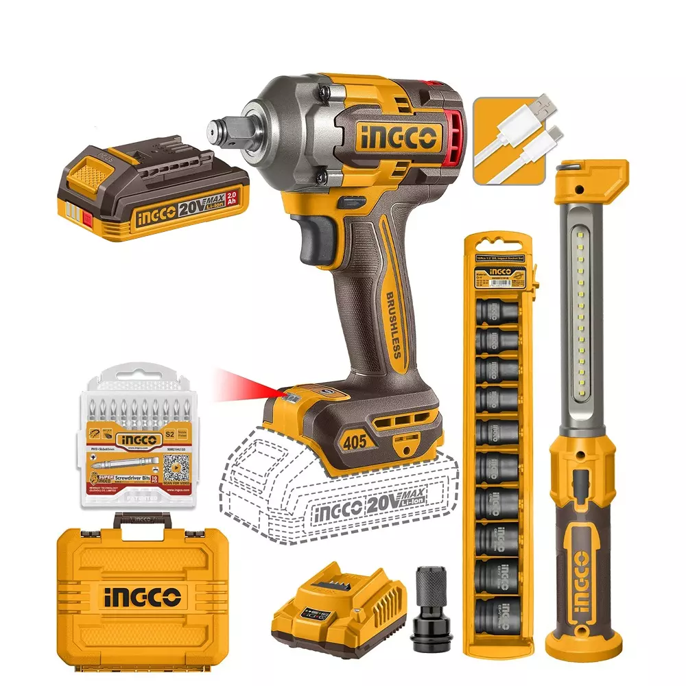 INGCO 20 V Cordless Tool Kit Combo 1/2 inch (12.7 mm) Drive and 405 Nm Maximum Torque, CKLI23098 (With Battery & Charger)