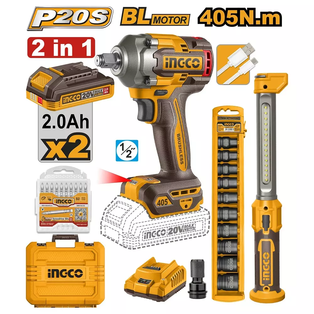 ingco-20-v-cordless-tool-kit-combo-12-inch-127-mm-drive-and-405-nm-maximum-torque-ckli23098-with-battery-charger