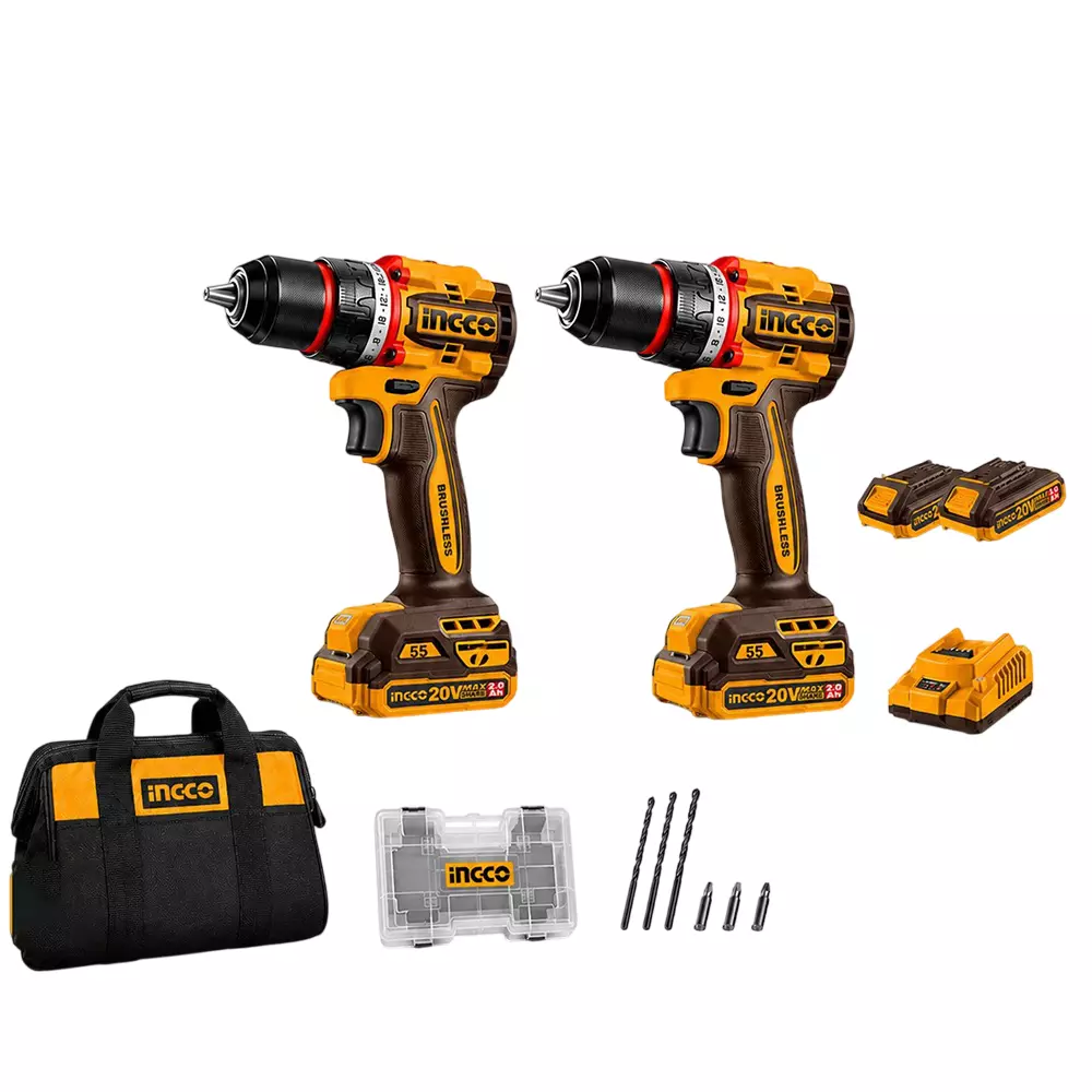 INGCO 2 Pcs 55 NM Cordless Drill Machine Combo Kit, 13 mm Keyless Chuck and 0-500/0-2000 RPM 2 Speed Settings (With Battery & Charger)