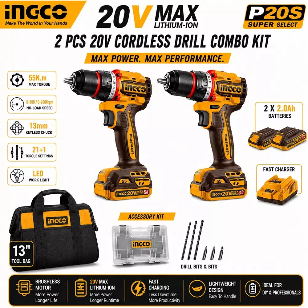 ingco-2-pcs-55-nm-cordless-drill-machine-combo-kit-13-mm-keyless-chuck-and-0-5000-2000-rpm-2-speed-settings-with-battery-charger