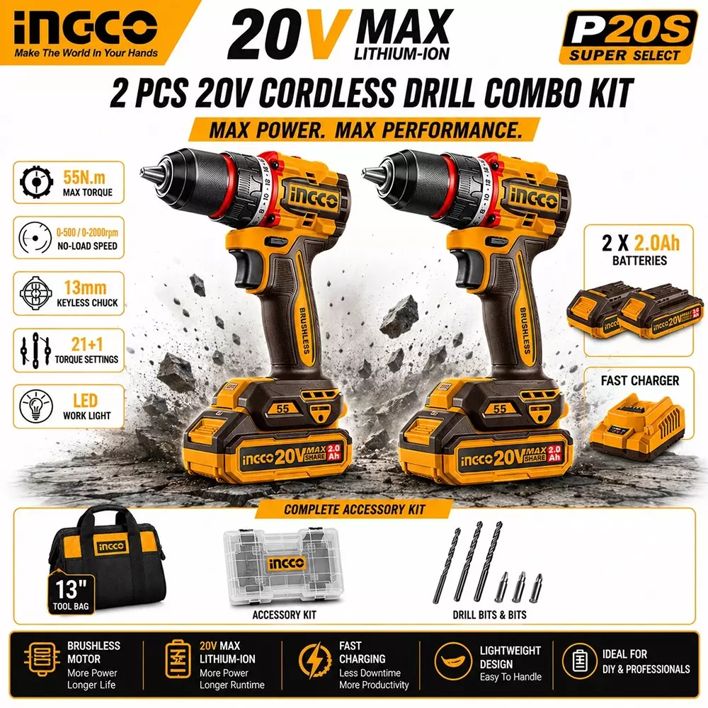 ingco-2-pcs-55-nm-cordless-drill-machine-combo-kit-13-mm-keyless-chuck-and-0-5000-2000-rpm-2-speed-settings-with-battery-charger