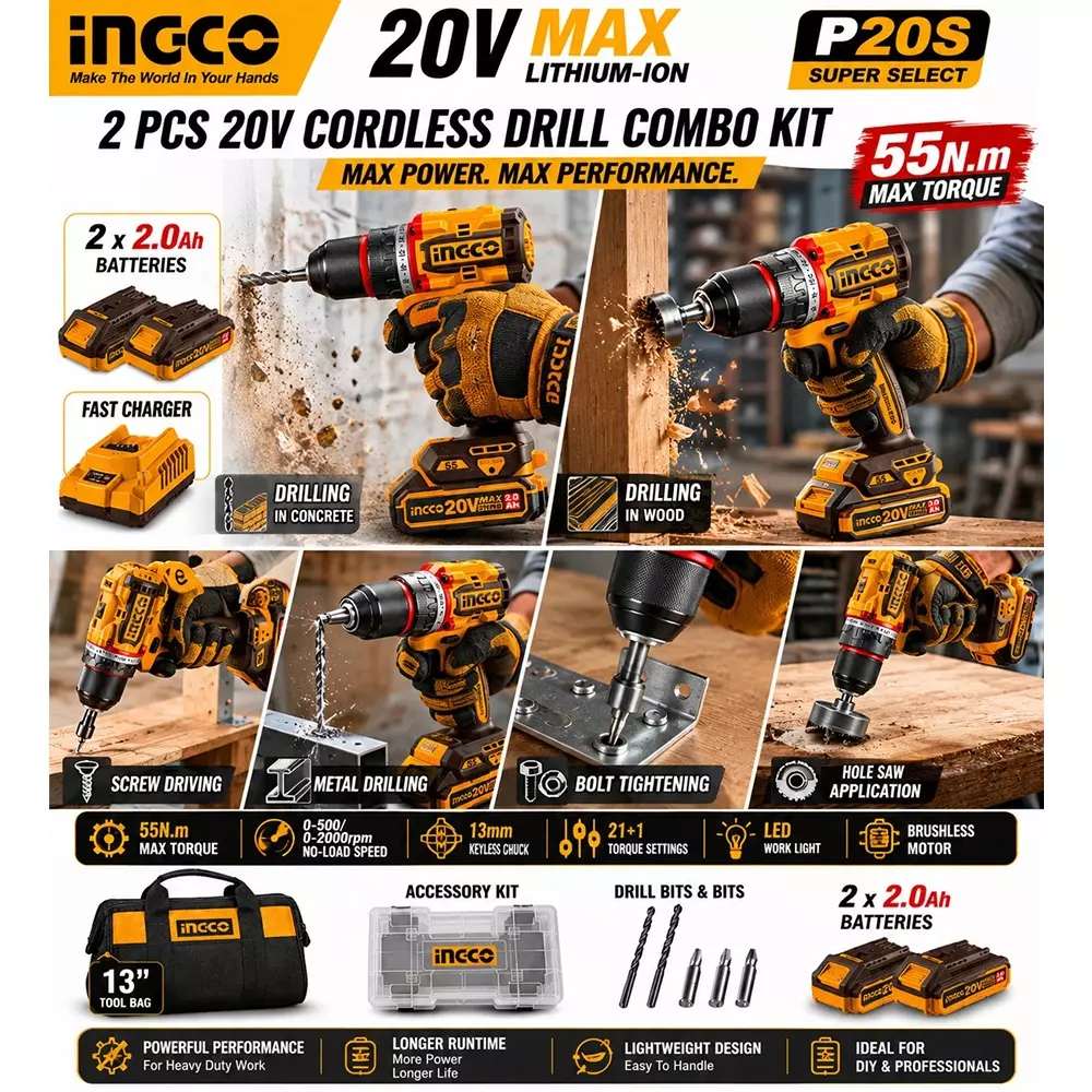 ingco-2-pcs-55-nm-cordless-drill-machine-combo-kit-13-mm-keyless-chuck-and-0-5000-2000-rpm-2-speed-settings-with-battery-charger