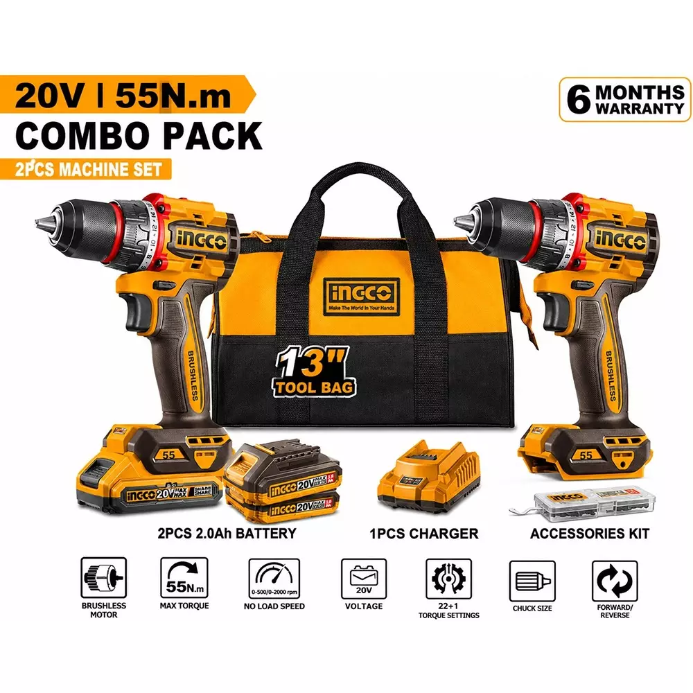 ingco-2-pcs-55-nm-cordless-drill-machine-combo-kit-13-mm-keyless-chuck-and-0-5000-2000-rpm-2-speed-settings-with-battery-charger